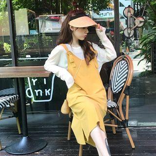 Plain Long-sleeve T-shirt / Side Slit Midi Jumper Dress