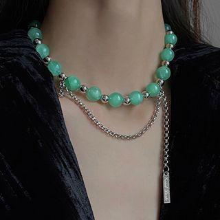 Gemstone Bead Alloy Layered Choker 1pc - Silver & Green - One Size