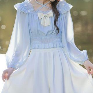 Long-sleeve Off-shoulder Bow Chiffon Blouse