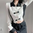 Long-sleeve Collared Buckled Cropped Knit Top