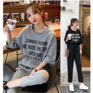 Wide Lettering Short-sleeve T Shirt + Shift Cropped Pants Tracksuit 2-piece Gray - Xxxs