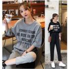Wide Lettering Short-sleeve T Shirt + Shift Cropped Pants Tracksuit 2-piece Gray - Xxxs