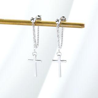 Cross Drop Earring Stud Earring - 1 Pair - Cross - Silver - One Size