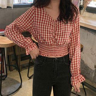 Long-sleeve Plaid Smocked Top Red - One Size