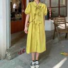 Puff-sleeve Collared Tie-front Midi A-line Dress