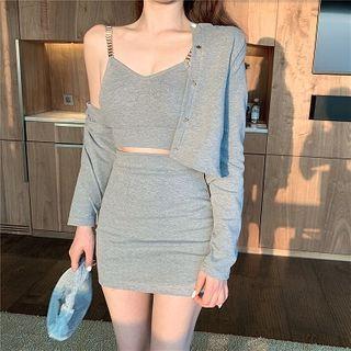 Set: Plain Cardigan + Sleeveless Cropped Top + Skirt