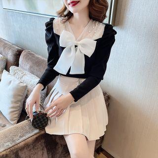 Bow Accent Mesh Panel Knit Top