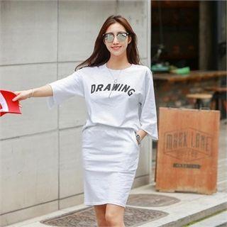 Set: Raglan-sleeve Lettering T-shirt + Pencil Skirt
