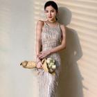 Spaghetti-strap Fringed Maxi Sheath Evening Gown