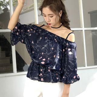 Off Shoulder Elbow-sleeve Floral Top