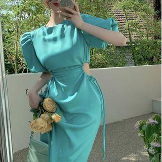 Puff-sleeve Cut-out Midi Sheath Dress