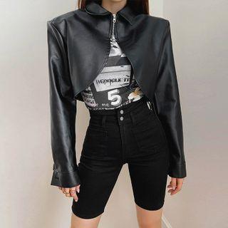 Collared Faux-leather Bolero Jacket
