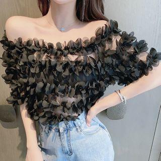 Short-sleeve Off-shoulder Ruffled Sheer Top