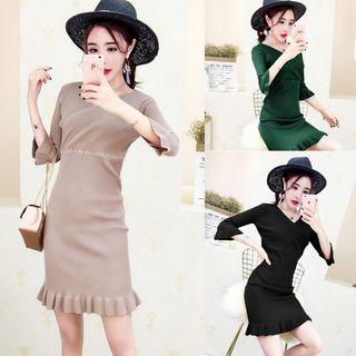 3/4-sleeve Frilled Knit Sheath Dress