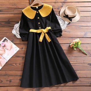 Peter Pan-collar Lace Up Corduroy A-line Dress