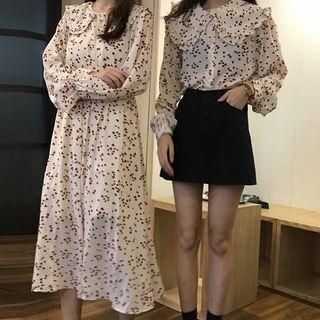Ruffle-trim Heart Print Chiffon Blouse/ Long-sleeve Midi A-line Dress