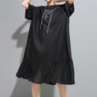 Lace Up Chiffon Panel Elbow-sleeve T-shirt Dress Black - One Size