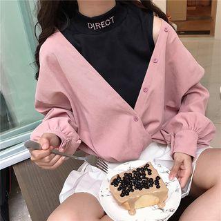 Set: Mock-neck Letter Embroidered Tank Top + V-neck Blouse