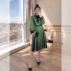 Long-sleeve Pattern Paneled A-line Midi Pleated Dress