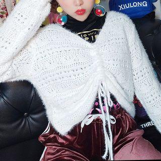 Drawstring Pointelle Long-sleeve Knit Top
