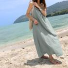 Spaghetti-strap Linen Blend Long Dress Mint Green - One Size