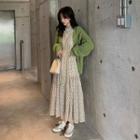 Cable-knit V-neck Cardigan / Flower Print Long-sleeve Midi A-line Dress