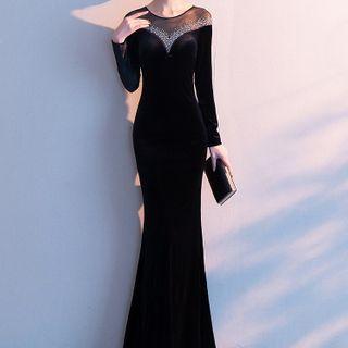 Long-sleeve Velvet Ruffle Hem Sheath Evening Gown