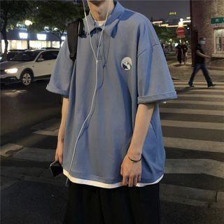 Short-sleeve Mountain Print Collared T-shirt