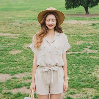 Notched-collar Linen Blend Cargo Playsuit With Sash