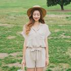 Notched-collar Linen Blend Cargo Playsuit With Sash