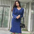 Set: Plain Flared-sleeve Sweater + Knit A-line Skirt