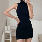 Sleeveless Turtleneck Ribbed Knit Mini Sheath Dress Black - One Size