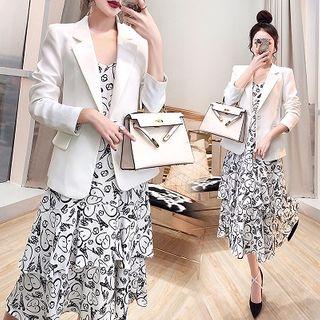 Set: Single-button Blazer + Printed Spaghetti Strap Midi Dress