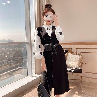 Set: Dotted Blouse + Single-breasted Sleeveless Sheath Dress