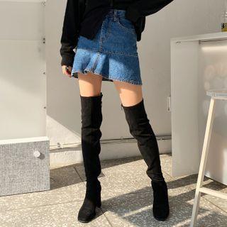 Inset Shorts Ruffled Denim Miniskirt