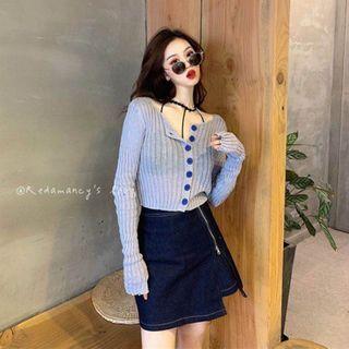 Long-sleeve Button Knit Top / Mini A-line Skirt / Set