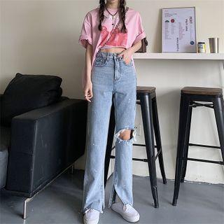 Distressed Wide-cut Jeans