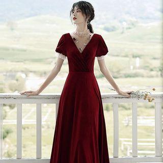 Short-sleeve Paneled Velvet A-line Gown