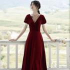 Short-sleeve Paneled Velvet A-line Gown