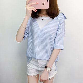 Elbow-sleeve Striped Panel Blouse