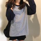 Color-block Long-sleeve Long T-shirt As Shown In Figure - One Size