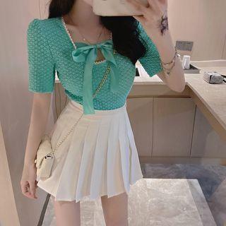 Short-sleeve Shirred Blouse / Pleated A-line Skirt / Set