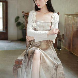 Tie-dye A-line Dress / Plain Lace-up Cardigan
