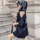 Lettering Elbow-sleeve Cold Shoulder Hooded T-shirt