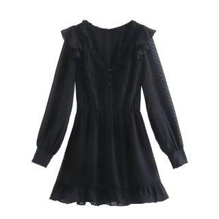 Long-sleeve Ruffle Dotted Mini A-line Dress