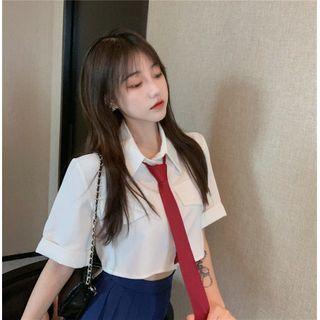 Short-sleeve Cropped Blouse With Tie / Mini A-line Pleated Skirt