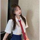Short-sleeve Cropped Blouse With Tie / Mini A-line Pleated Skirt