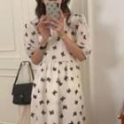 Elbow-sleeve Butterfly Print Midi A-line Dress White - One Size