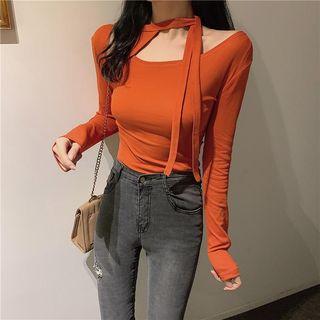 Long-sleeve Tie Neck Plain Top