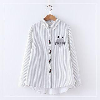 Long-sleeve Cat Embroidery Pinstripe Shirt